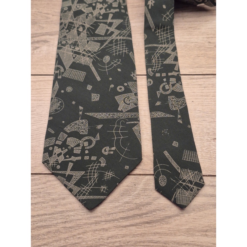 Trussardi Mens Silk Tie Geometric Abstract Print Green Tan Made in Italy VTG - Picture 2 of 9